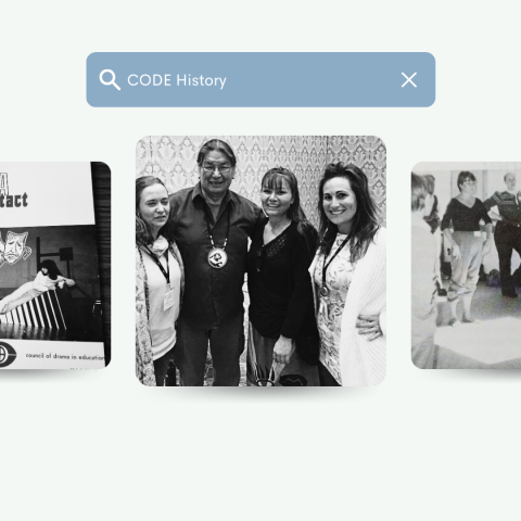 A graphic with a search function bar that reads "CODE History". Below are three images from CODE's Archives in black and white that appear to be scrolling horizontally across the page.