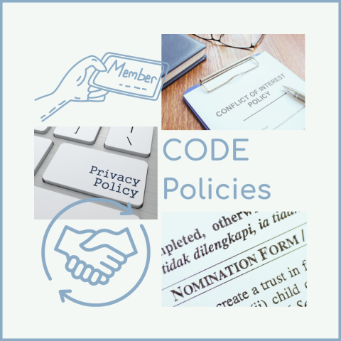 A graphic titled "CODE Policies" featuring a handshake icon and several images related to privacy and membership.
