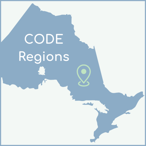 Map of Ontario in blue with an icon indicating a destination on a map. White text reads "CODE Regions"